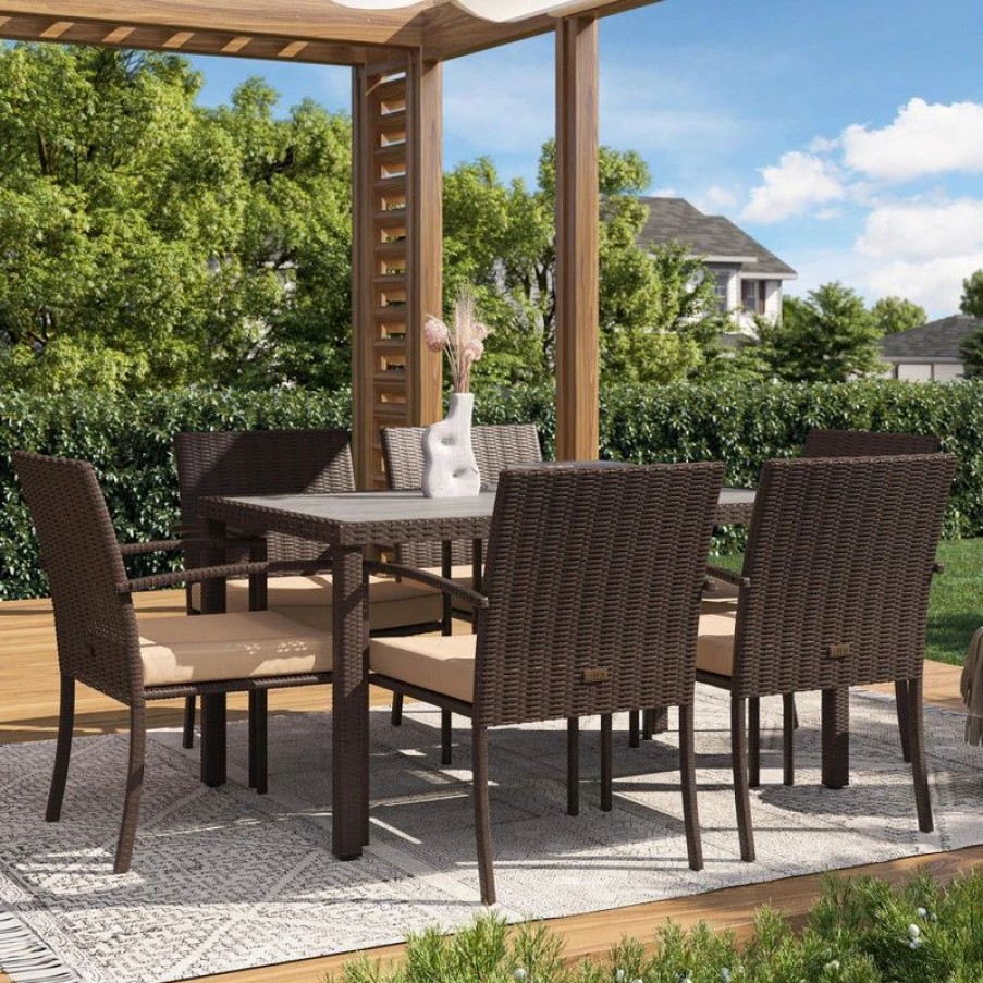 Outdoor Dining Furniture * | Belleze Wicker Patio Dining Table Set, Brown, 7-Pieces