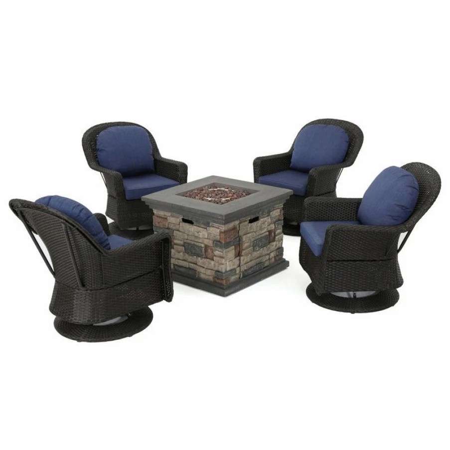 Outdoor Lounge Furniture * | Gdfstudio Gdf Studio 5-Piece Alameda Outdoor Fire Pit Wicker Chat Set, Dark Brown/Navy Blu