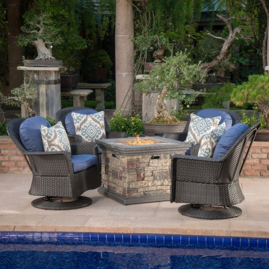 Outdoor Lounge Furniture * | Gdfstudio Gdf Studio 5-Piece Alameda Outdoor Fire Pit Wicker Chat Set, Dark Brown/Navy Blu