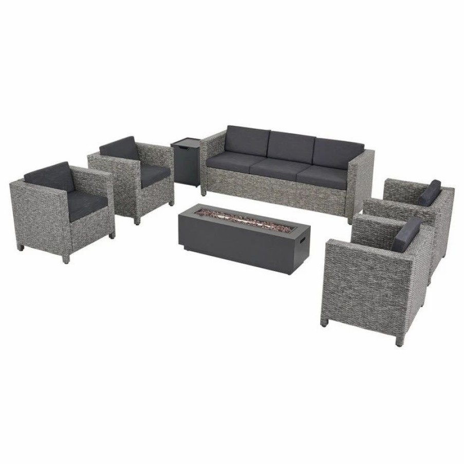 Outdoor Lounge Furniture * | Gdfstudio Stacey Outdoor 7 Seater Wicker Set With Fire Pit, Mix Black/Dark Gray