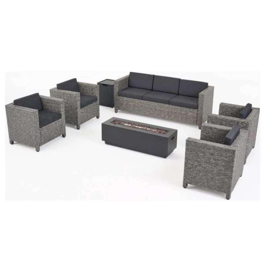 Outdoor Lounge Furniture * | Gdfstudio Stacey Outdoor 7 Seater Wicker Set With Fire Pit, Mix Black/Dark Gray