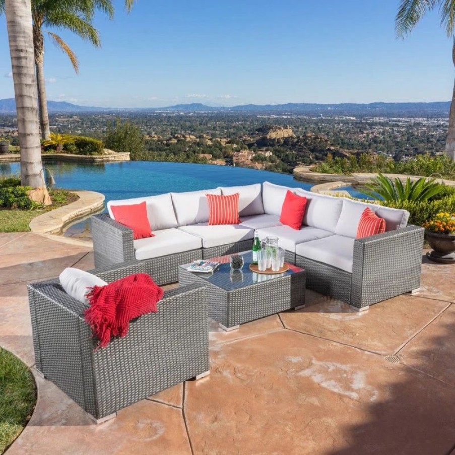 Outdoor Lounge Furniture * | Gdfstudio Gdf Studio 7-Piece Francisco Outdoor Wicker Seating Sectional Set With Cushions,