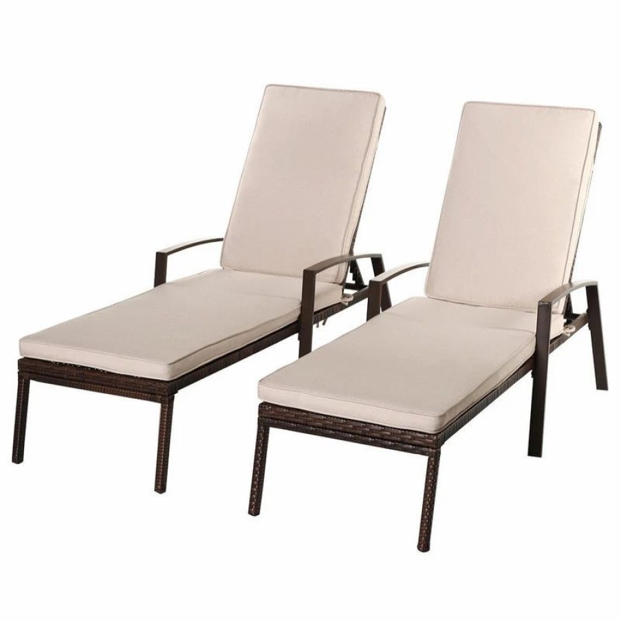 Outdoor Chairs * | Costway 2Pcs Patio Rattan Lounge Chair Garden Furni Adjustable Back W/ Cushion