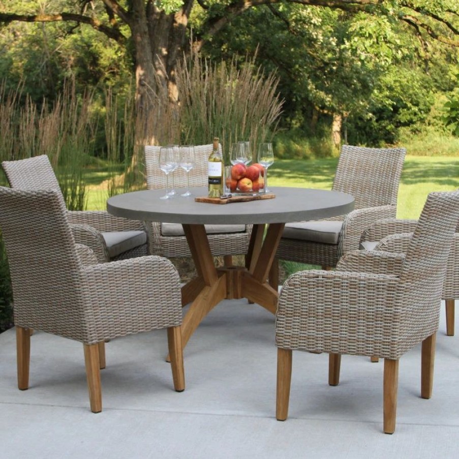 Outdoor Dining Furniture * | Outdoor Interiors 7-Piece Nautical Teak, Ash Gray Wicker And Composite Round Dining Set, Sunbrella