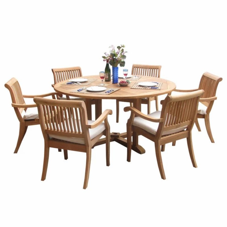 Outdoor Dining Furniture * | Teak Deals 7-Piece Outdoor Teak Dining Set 60 Round Table + 6 Arbor Stacking Arm Chairs