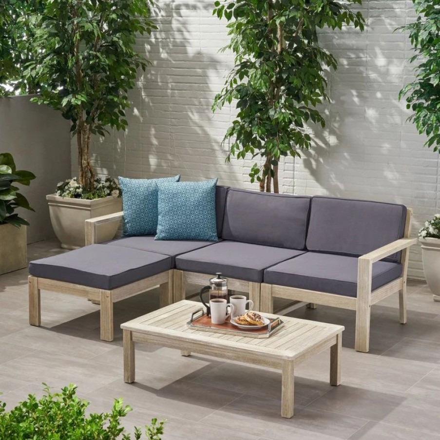 Outdoor Lounge Furniture * | Gdfstudio Isabella Ana Outdoor 3-Seater Acacia Wood Sofa With Cushions, Dark Gray