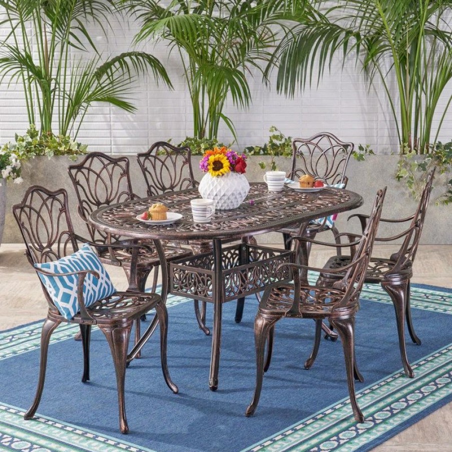 Outdoor Dining Furniture * | Gdfstudio 7-Piece Gardena Outdoor Cast Aluminum Dining Set