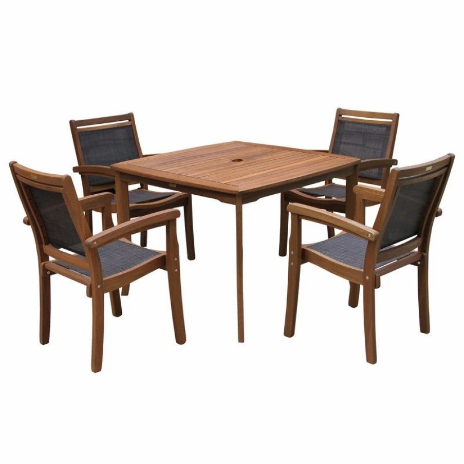 Outdoor Dining Furniture * | Outdoor Interiors 5-Piece Eucalyptus Dining Set With Sling Stacking Chairs