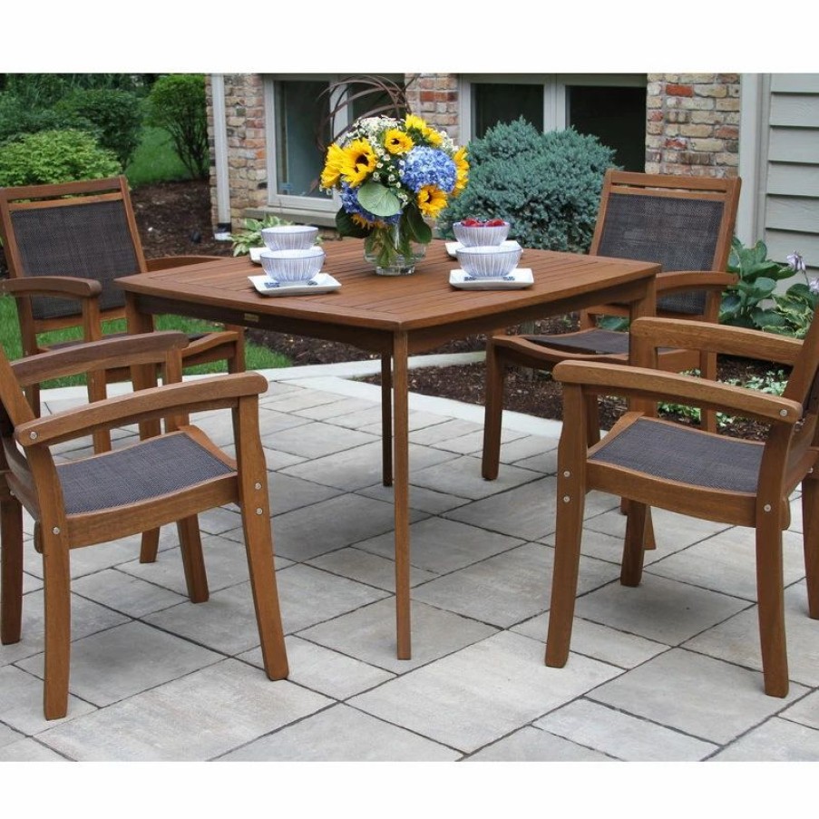 Outdoor Dining Furniture * | Outdoor Interiors 5-Piece Eucalyptus Dining Set With Sling Stacking Chairs