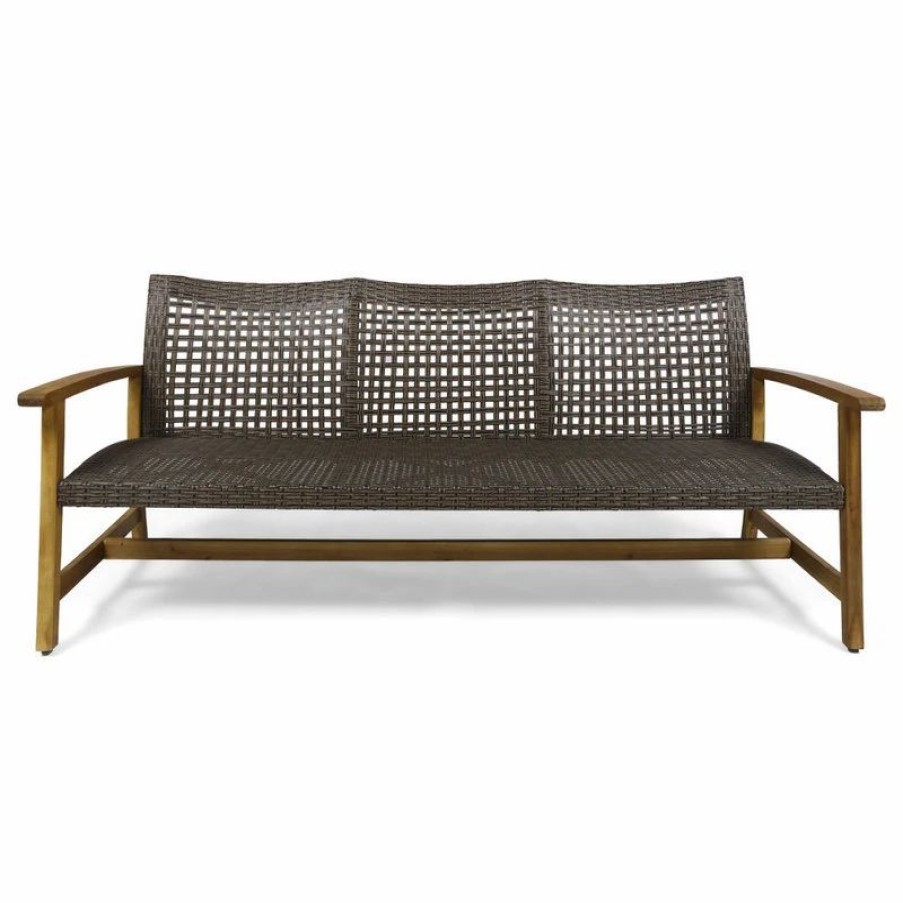 Outdoor Lounge Furniture * | Gdfstudio Marcia Outdoor Wood And Wicker Sofa, Mix Mocha/Natural Stained Finish