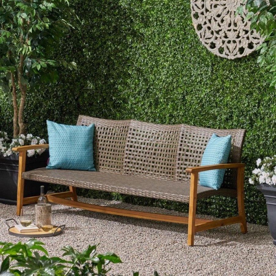 Outdoor Lounge Furniture * | Gdfstudio Marcia Outdoor Wood And Wicker Sofa, Mix Mocha/Natural Stained Finish