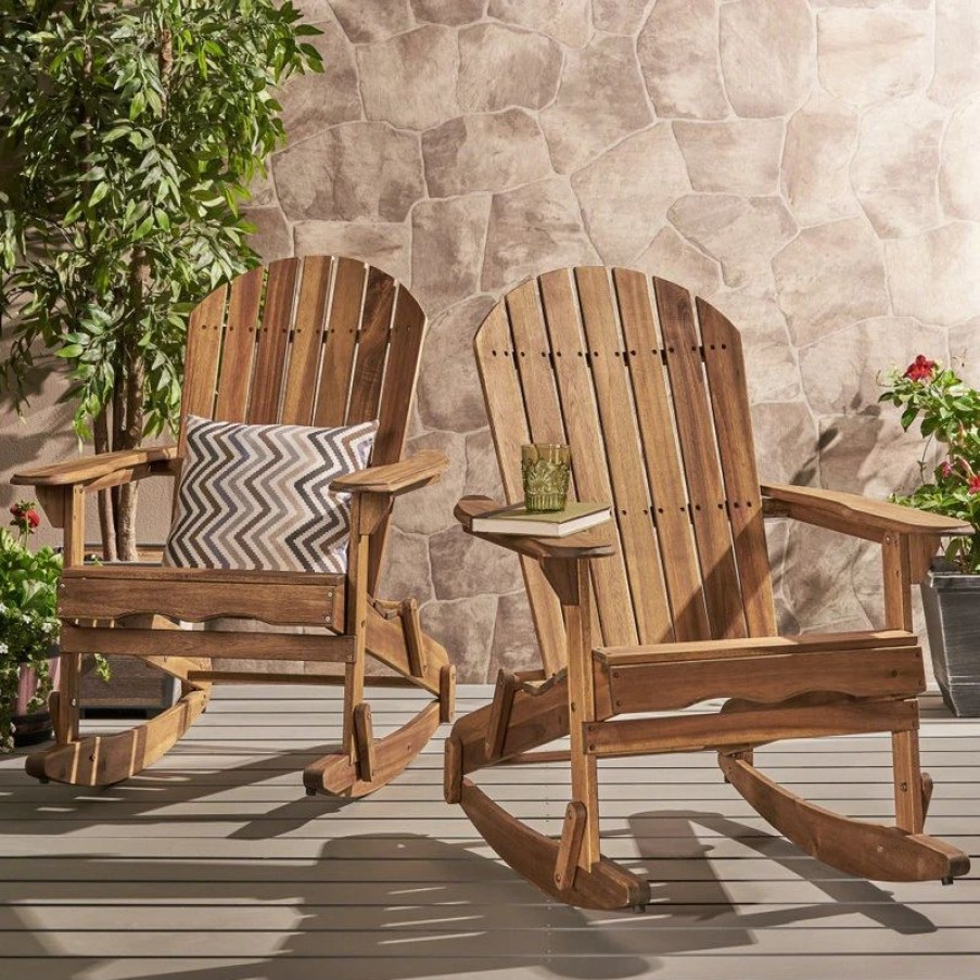 Outdoor Chairs * | Gdfstudio Gdf Studio Vivian Outdoor Acacia Wood Adirondack Rocking Chair, Natural Stained