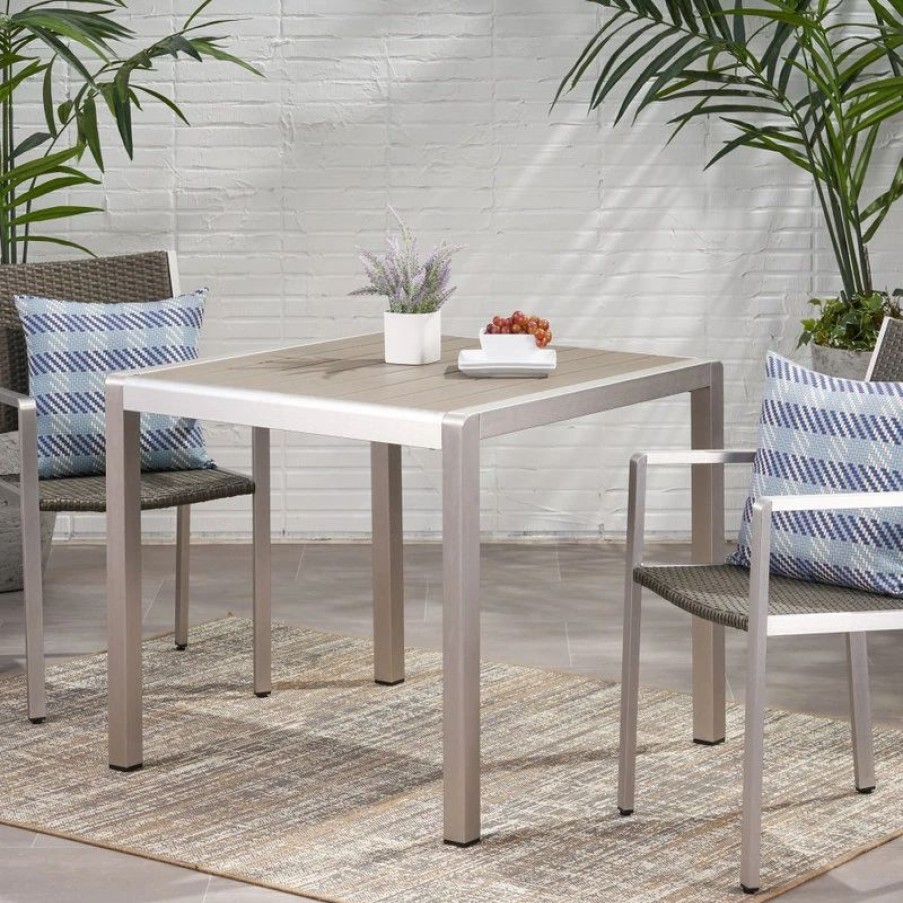 Outdoor Dining Furniture * | Gdfstudio Hallie Outdoor Anodized Aluminum Dining Table With Tempered Glass Table Top, Fau