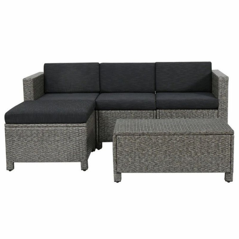 Outdoor Lounge Furniture * | Gdfstudio Gdf Studio Lorita Outdoor 5-Piece Gray Wicker Sectional Sofa With Black Cushions