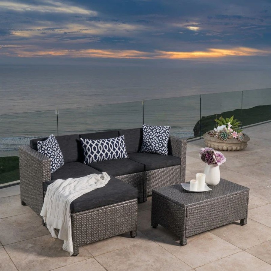 Outdoor Lounge Furniture * | Gdfstudio Gdf Studio Lorita Outdoor 5-Piece Gray Wicker Sectional Sofa With Black Cushions