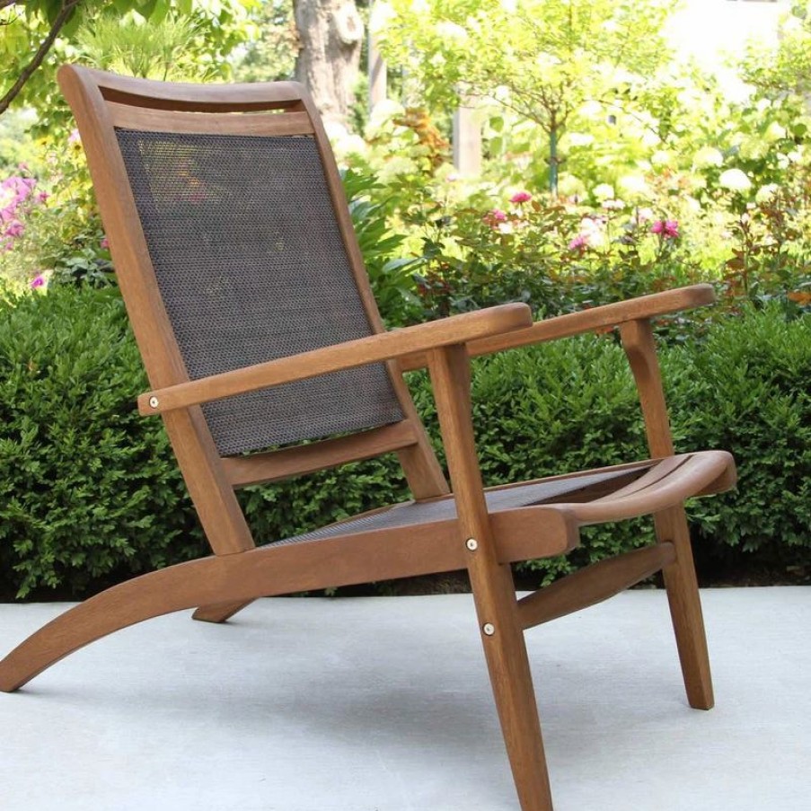 Outdoor Lounge Furniture * | Outdoor Interiors Dark Brown Sling And Eucalyptus Lounger