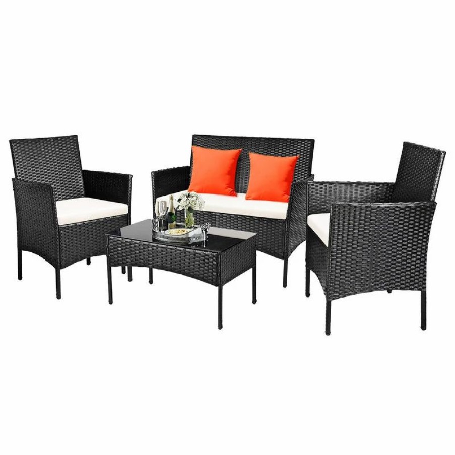 Outdoor Lounge Furniture * | Costway 4 Pc Outdoor Rattan Furniture Set Loveseat Sofa Cushioned Garden Steel