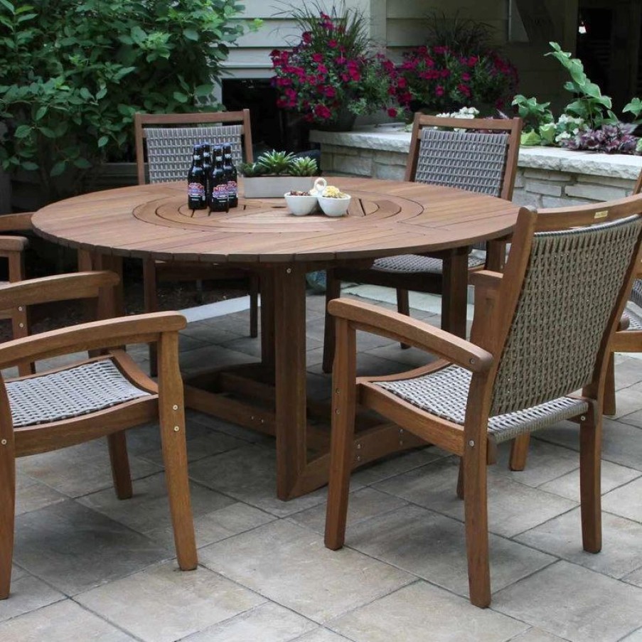 Outdoor Dining Furniture * | Outdoor Interiors 7-Piece Eucalyptus Round Lazy Susan Dining Set With 6 Stacking Wicker Armchairs