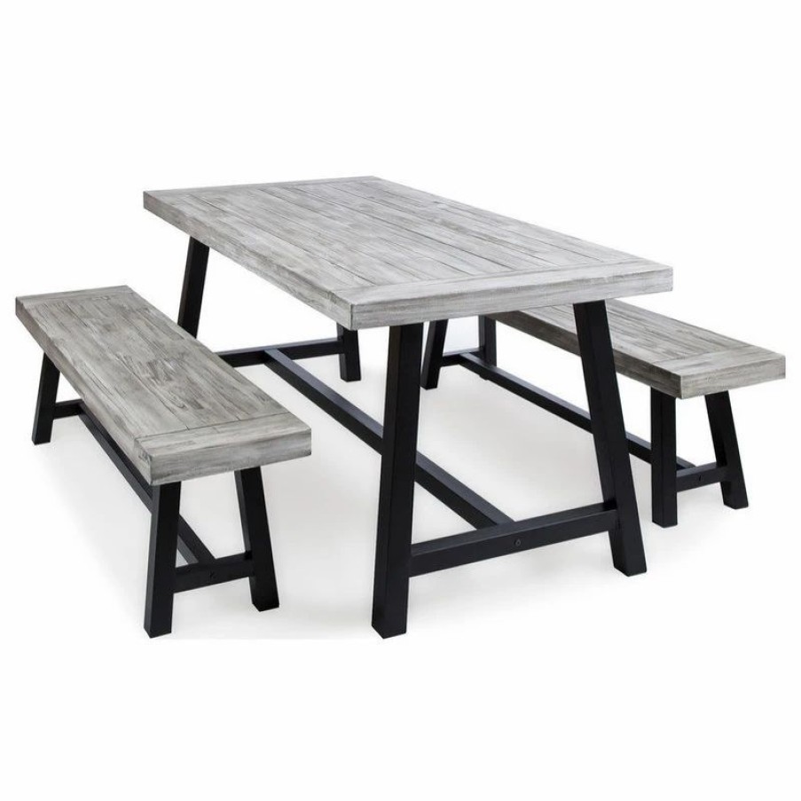 Outdoor Dining Furniture * | Gdfstudio Modern 3-Piece Acacia Wood Picnic Dining Set, Sandblast Light Gray/Black Metal