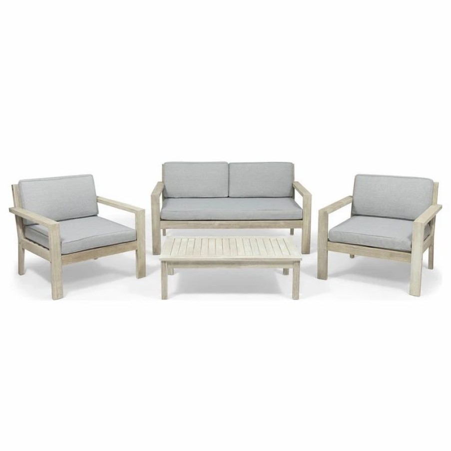 Outdoor Lounge Furniture * | Gdfstudio Dominic Outdoor 4 Seater Acacia Wood Chat Set With Cushions, Light Gray