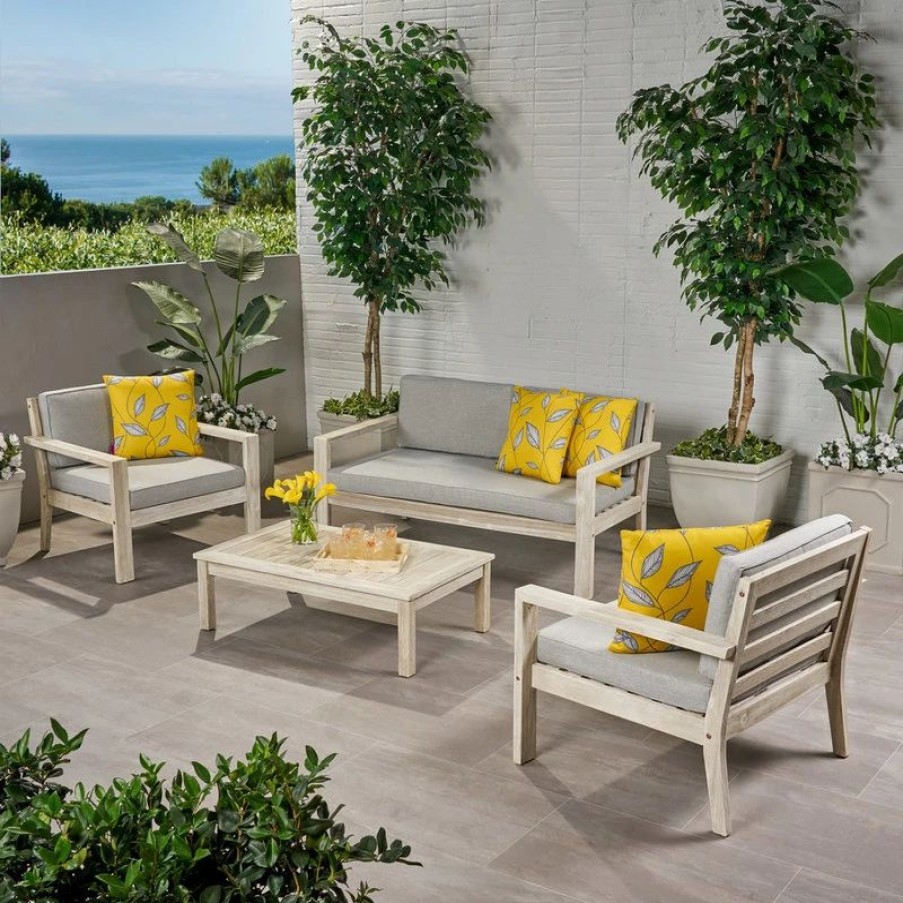 Outdoor Lounge Furniture * | Gdfstudio Dominic Outdoor 4 Seater Acacia Wood Chat Set With Cushions, Light Gray