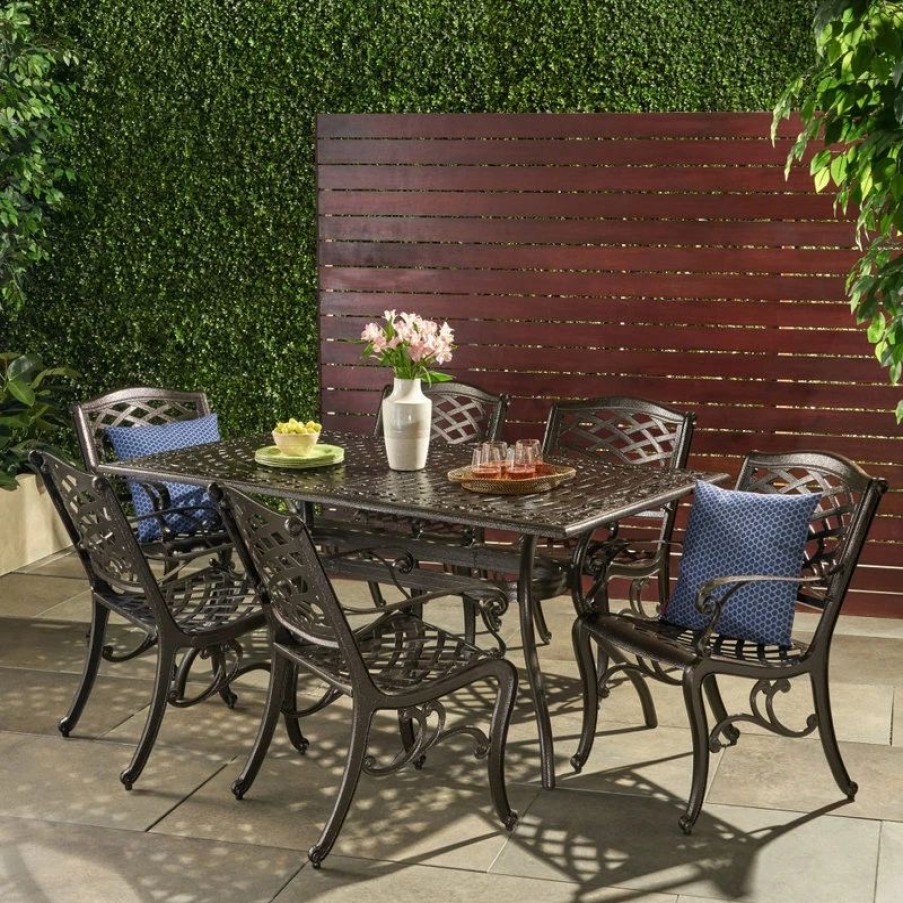 Outdoor Dining Furniture * | Gdfstudio Gdf Studio Odena Outdoor 7-Piece Cast Aluminum Rectangle Bronze Dining Set