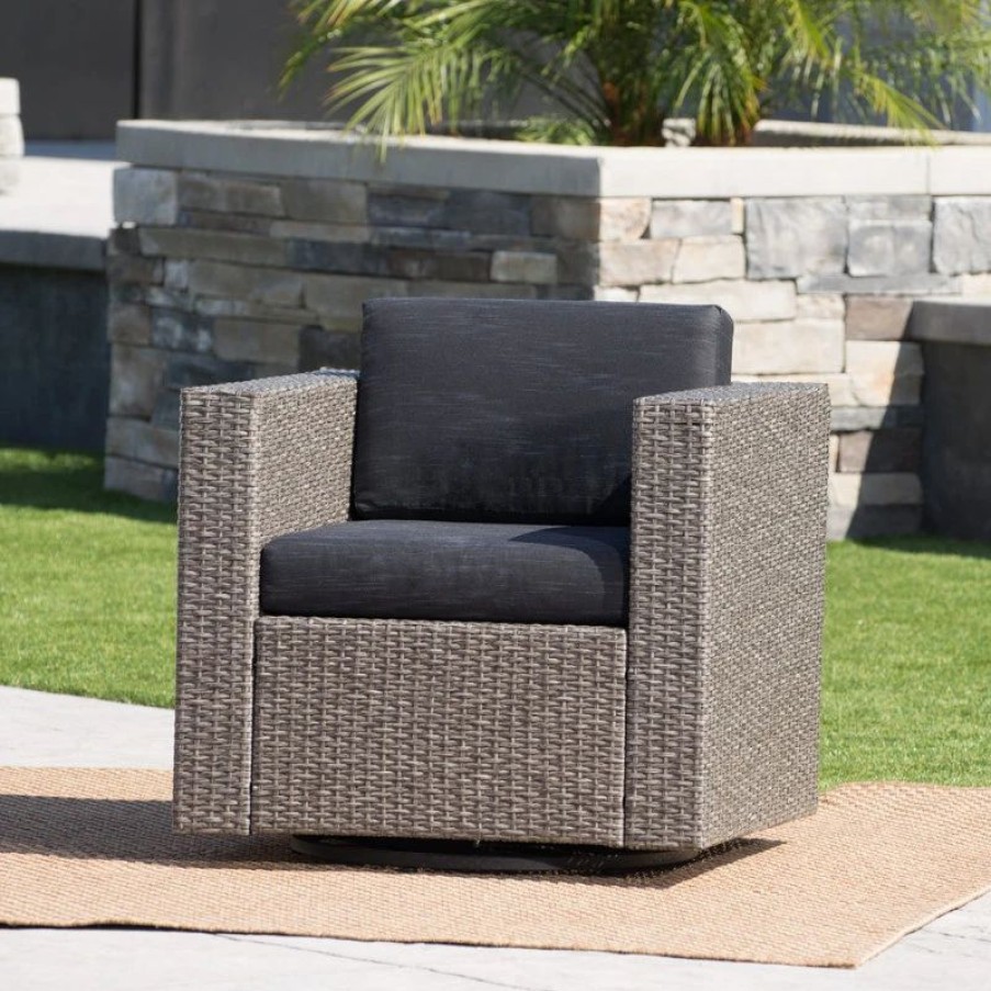 Outdoor Lounge Furniture * | Gdfstudio Gdf Studio Venice Outdoor Wicker Swivel Club Chair, Mix Black/Dark Gray, Single