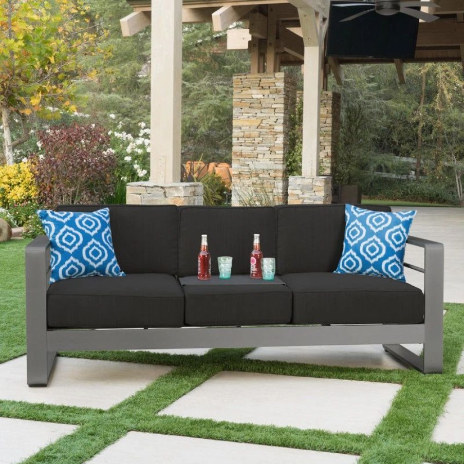 Outdoor Lounge Furniture * | Gdfstudio Gdf Studio Crested Bay Outdoor Gray Aluminum Sofa Couch With Cushions