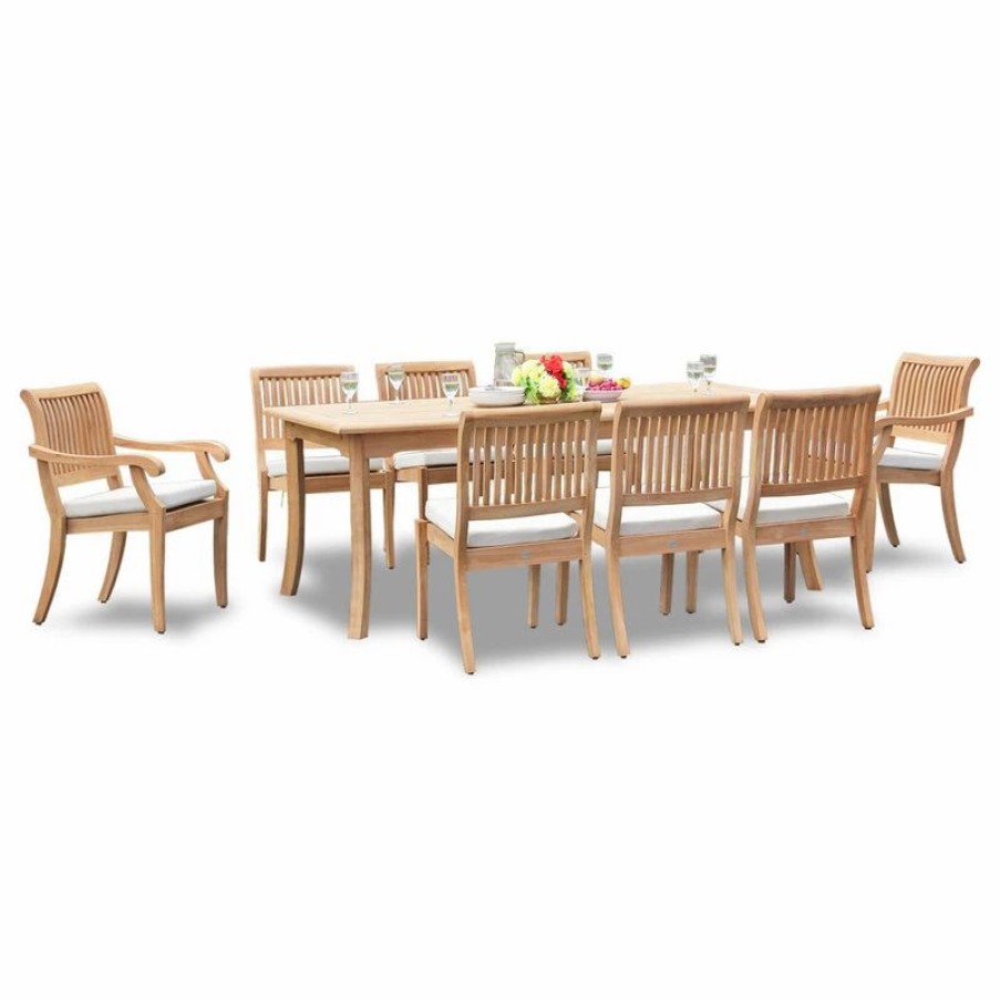 Outdoor Dining Furniture * | Teak Deals 9-Piece Outdoor Teak Dining Set, 117 Rectangle Table, 8 Arbor Stacking Chairs