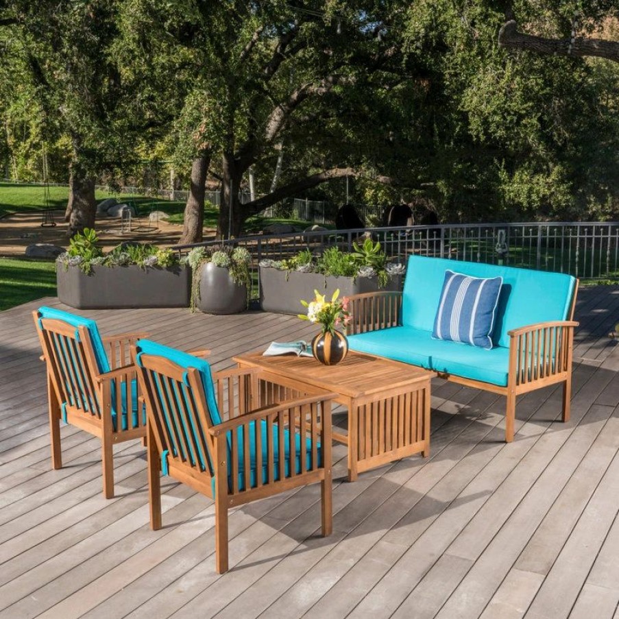 Outdoor Lounge Furniture * | Gdfstudio Gdf Studio 4-Piece Cape Town Outdoor Acacia Wood Sofa Set, Teal