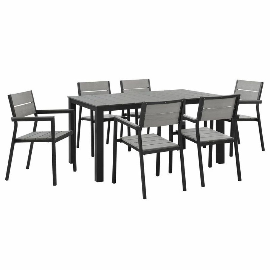 Outdoor Dining Furniture * | Lexmod Maine 7-Piece Outdoor Aluminum Dining Set, Brown Gray