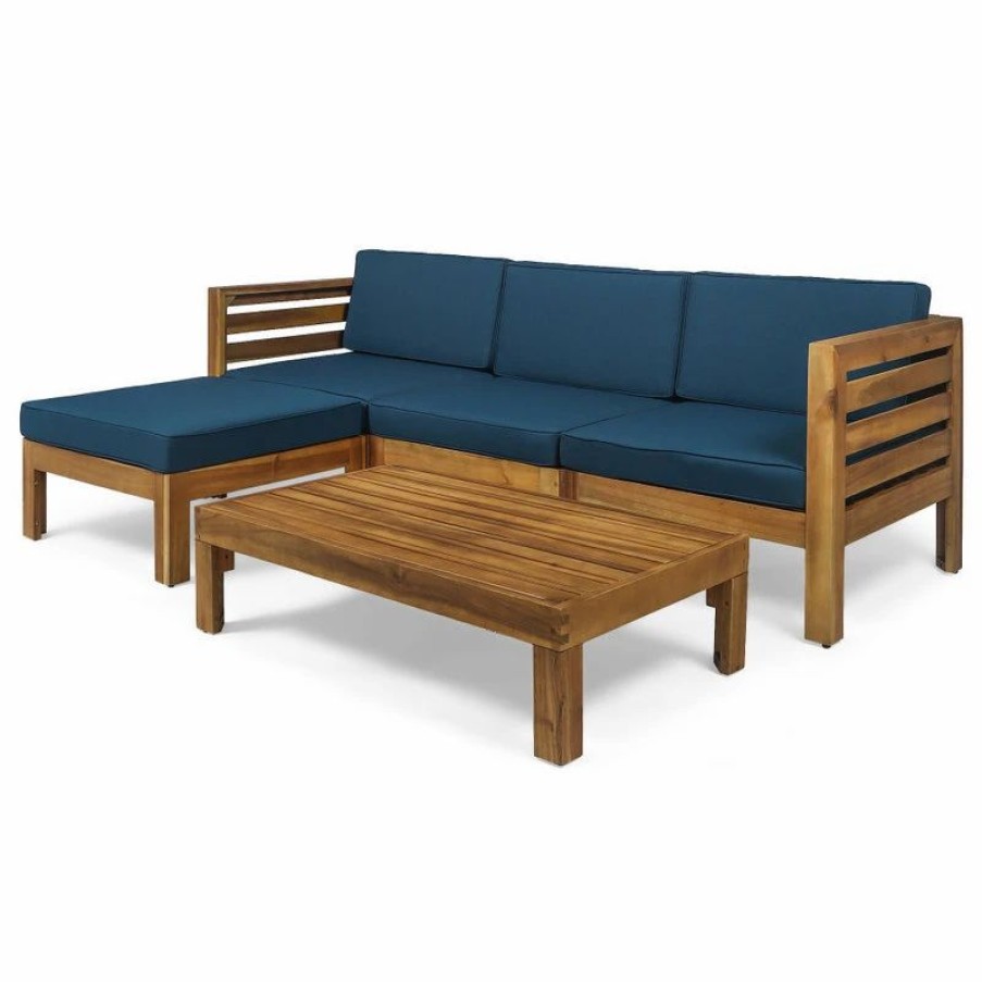 Outdoor Lounge Furniture * | Gdfstudio Alice Outdoor 5-Piece Acacia Wood Sofa Set, Teak, Dark Teal