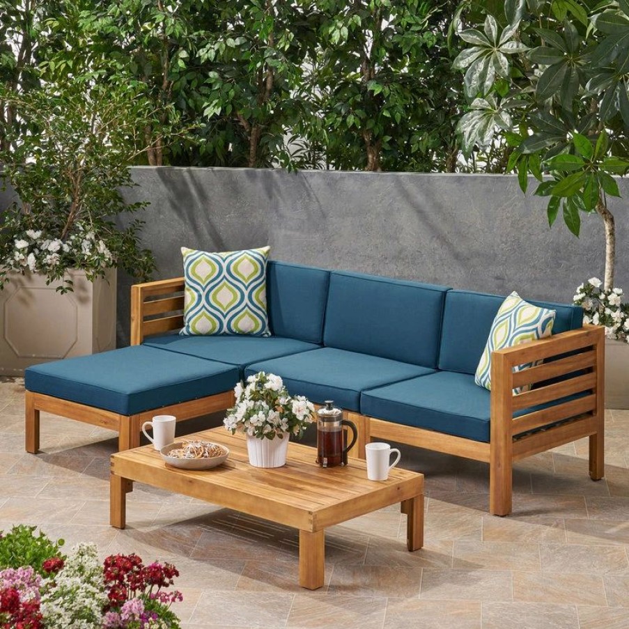 Outdoor Lounge Furniture * | Gdfstudio Alice Outdoor 5-Piece Acacia Wood Sofa Set, Teak, Dark Teal