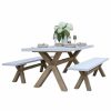 Outdoor Dining Furniture * | Outdoor Interiors 3-Piece Ivory Composite And Eucalyptus Wash Rectangle Dining Set With Benches