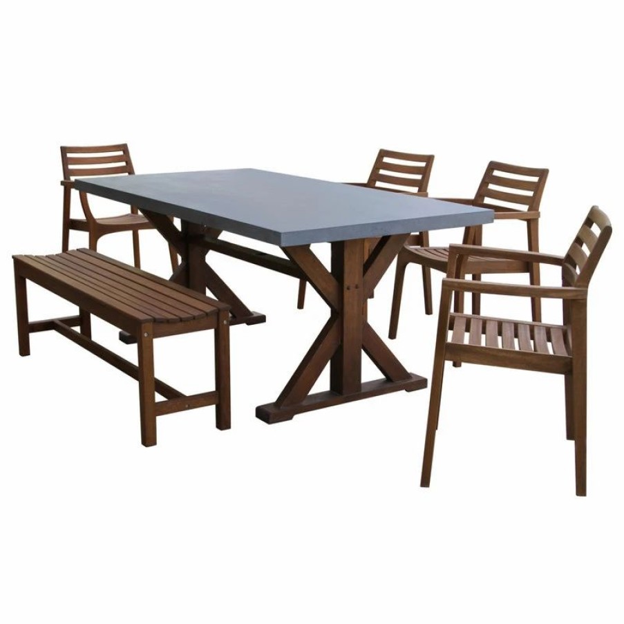 Outdoor Dining Furniture * | Outdoor Interiors 6-Piece Dining Set With Composite Concrete Top, Backless Bench & Stacking Chairs