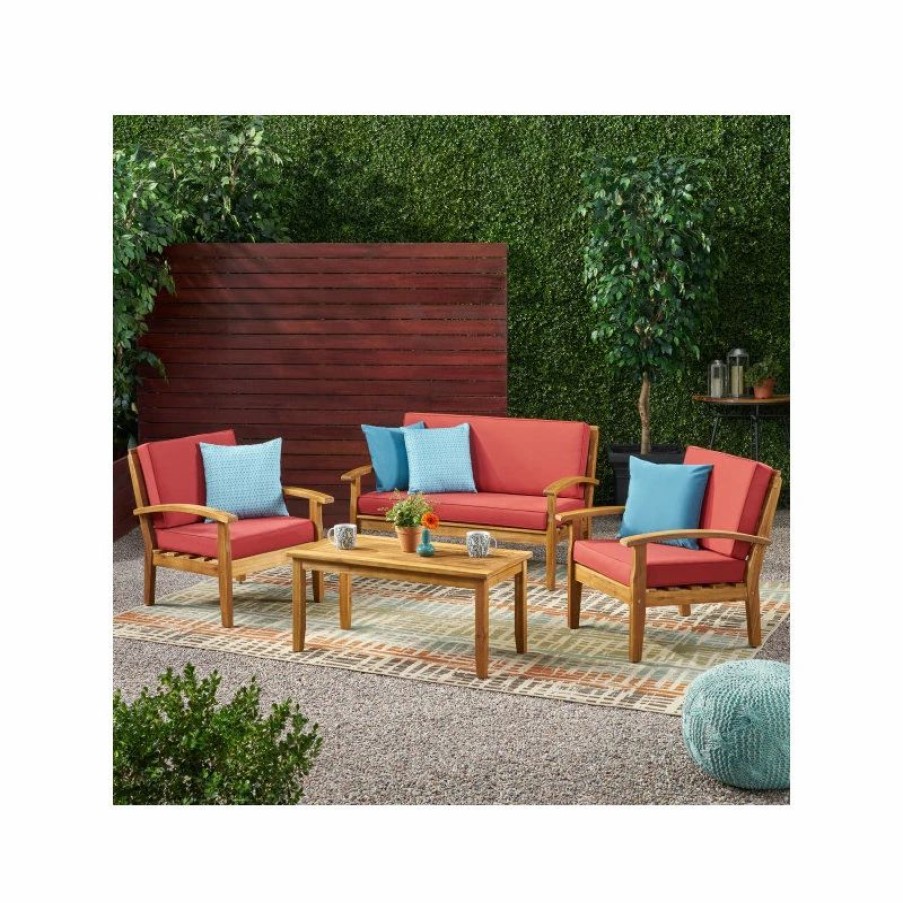 Outdoor Lounge Furniture * | Gdfstudio Gdf Studio 4-Piece Peyton Acacia Wood Chat Set With Water Resistant Cushions, Red