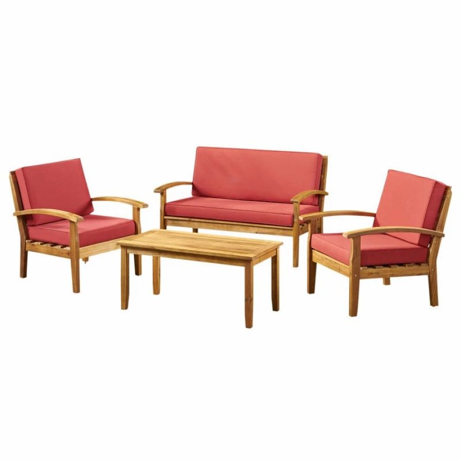 Outdoor Lounge Furniture * | Gdfstudio Gdf Studio 4-Piece Peyton Acacia Wood Chat Set With Water Resistant Cushions, Red