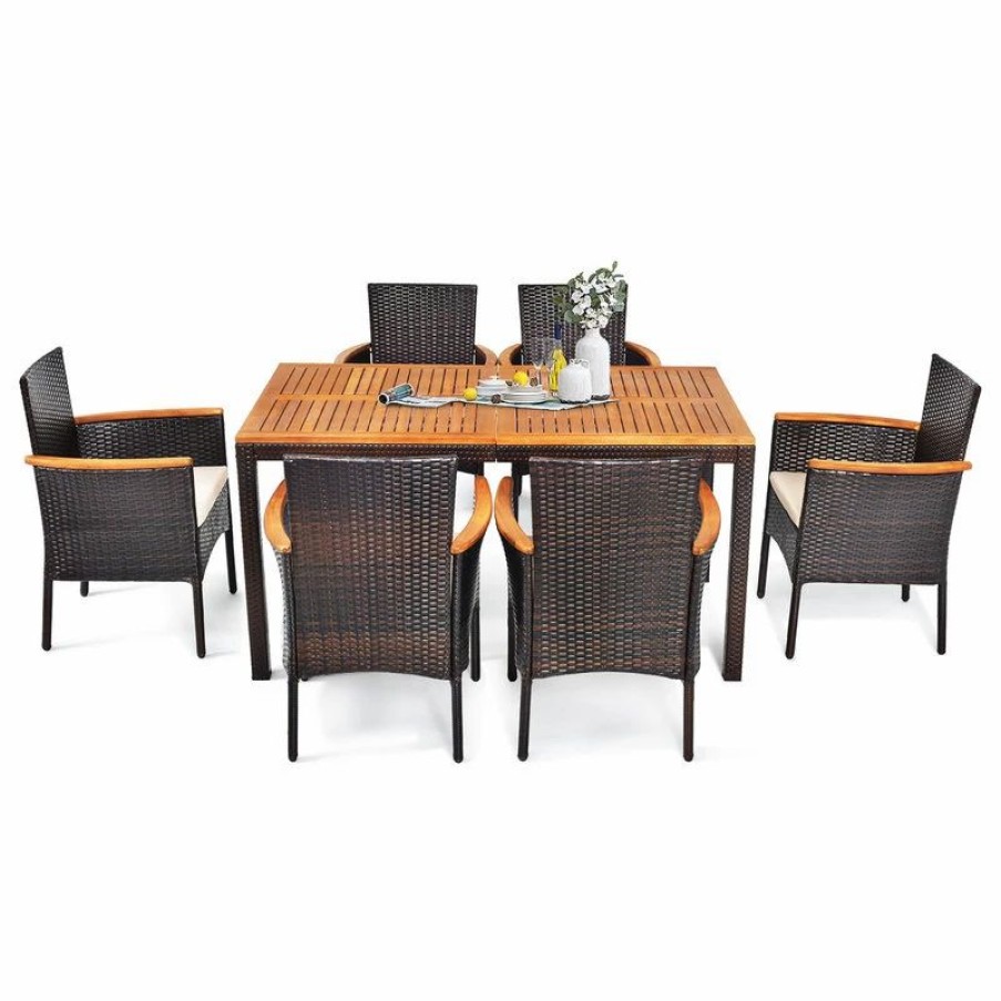 Outdoor Dining Furniture * | Costway 7Pcs Patio Rattan Dining Set Armrest Cushioned Chair Wooden Tabletop