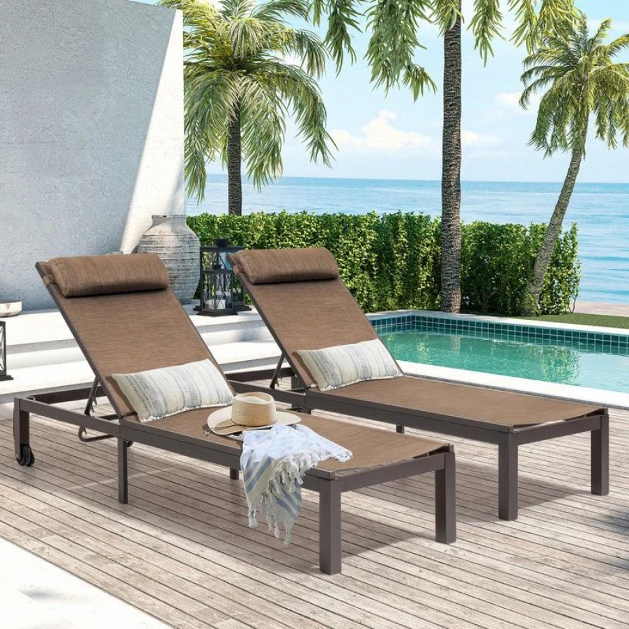 Outdoor Chairs * | Crestlive Products Patio Adjustable Chaise Lounge Chair With Headrest And Wheels (Set Of 2), Brown