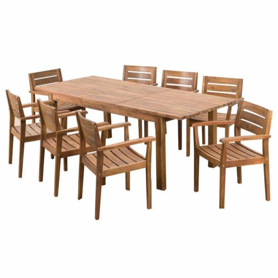 Outdoor Dining Furniture * | Gdfstudio Gdf Studio 9-Piece Sakura Outdoor Wood Dining Set With Expandable Dining Table