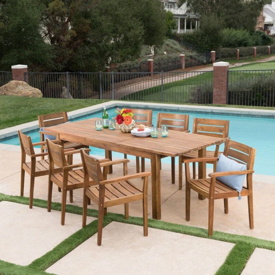 Outdoor Dining Furniture * | Gdfstudio Gdf Studio 9-Piece Sakura Outdoor Wood Dining Set With Expandable Dining Table