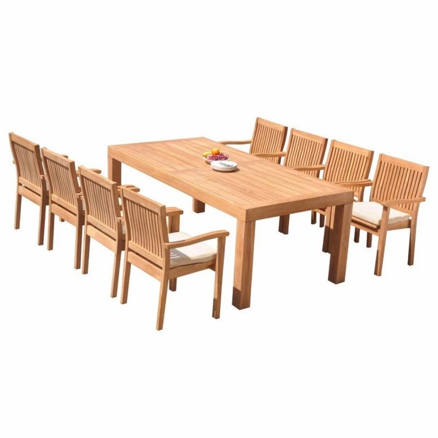 Outdoor Dining Furniture * | Teak Deals 9-Piece Outdoor Teak Dining Set: 86 Rectangle Table, 8 Leveb Stacking Arm Chair