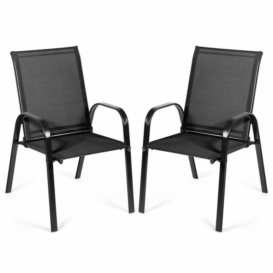 Outdoor Chairs * | Costway 2Pcs Patio Chairs Outdoor Dining Chair Durable Garden Deck Yard W/Armrest Black