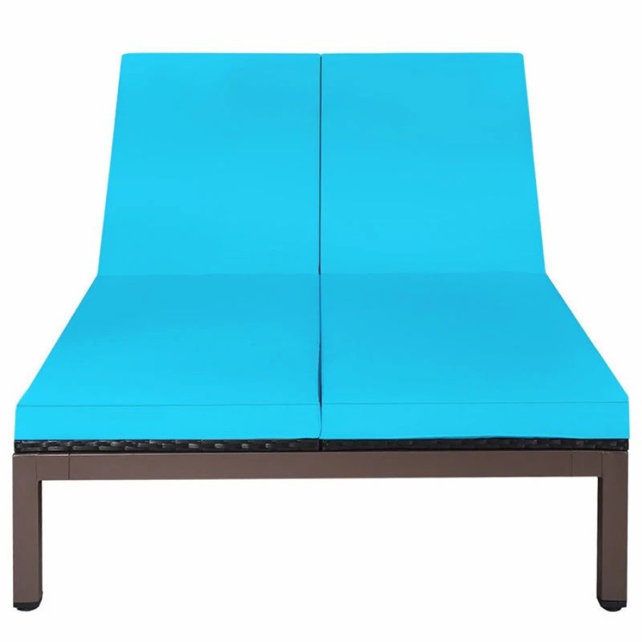 Outdoor Chairs * | Costway 2-Person Patio Rattan Lounge Chair Chaise Adjustable Cushion Turquoise