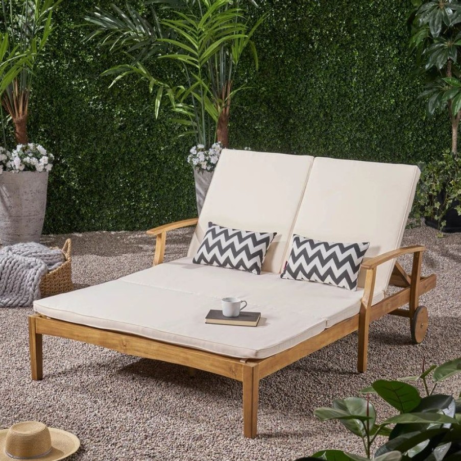 Outdoor Chairs * | Gdfstudio Gdf Studio Samantha Outdoor Acacia Wood Double Chaise Lounge, Teak Finish/Cream