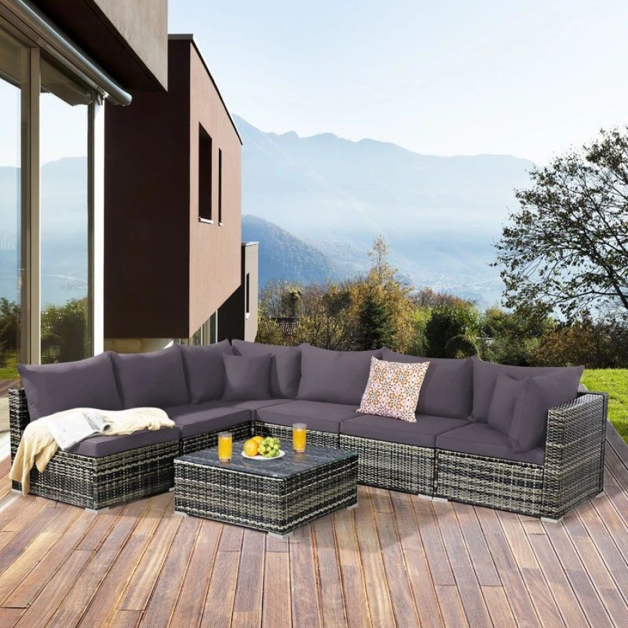 Outdoor Lounge Furniture * | Costway 7Pcs Patio Rattan Furniture Set Sectional Sofa Garden Gray Cushion