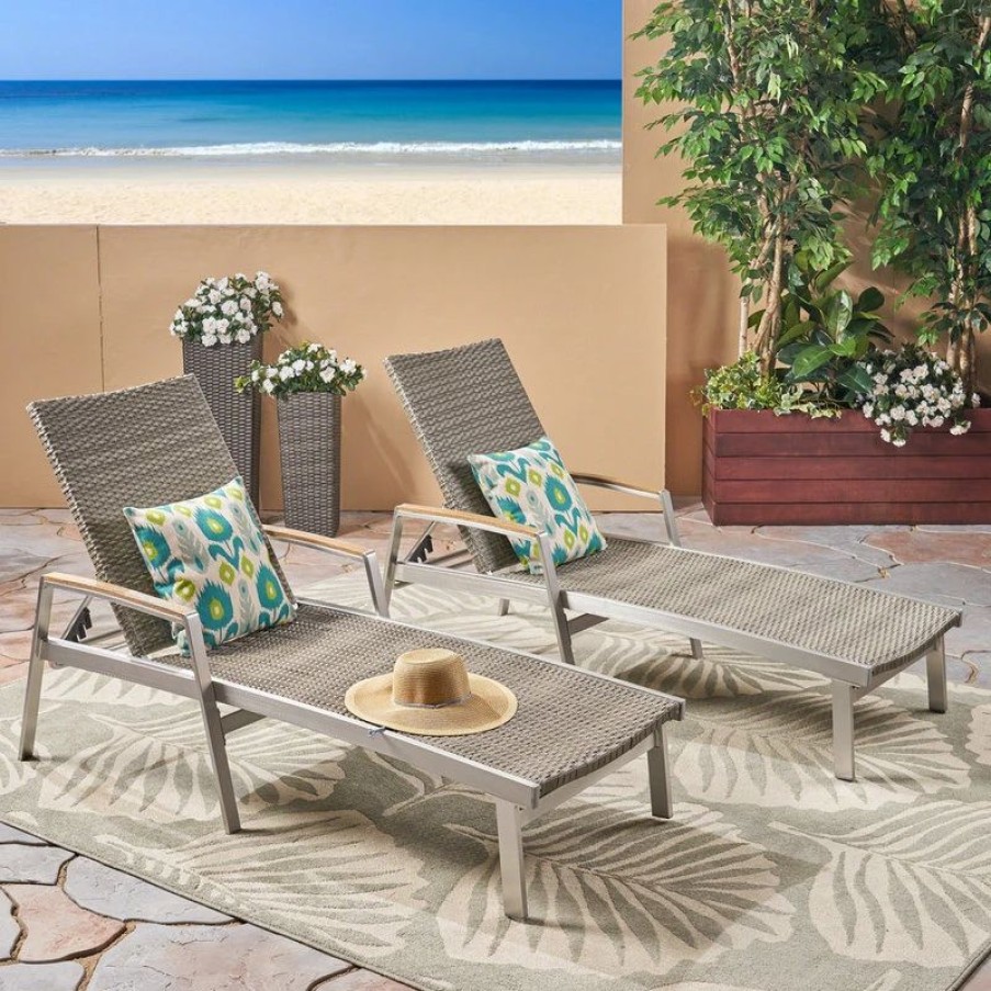 Outdoor Chairs * | Gdfstudio Gdf Studio Joy Outdoor Wicker And Aluminum Chaise Lounges, Set Of 2