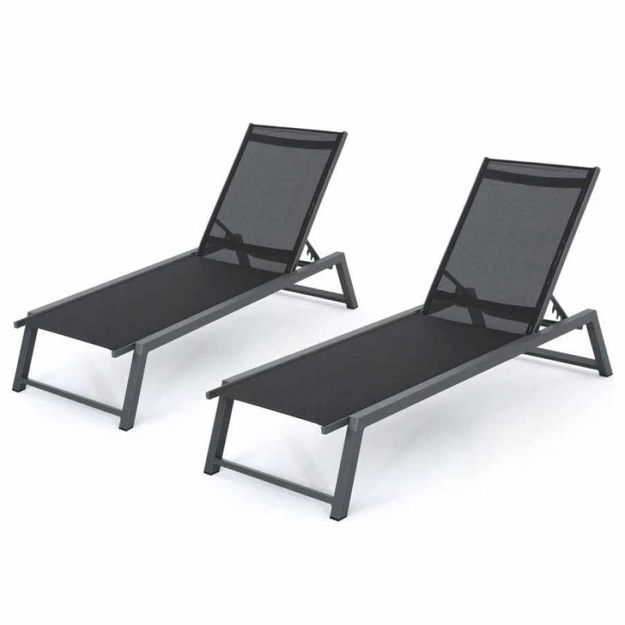 Outdoor Chairs * | Gdfstudio Gdf Studio Mesa Outdoor Chaise Lounge With Aluminum Frame, Black Mesh/Gray, Set