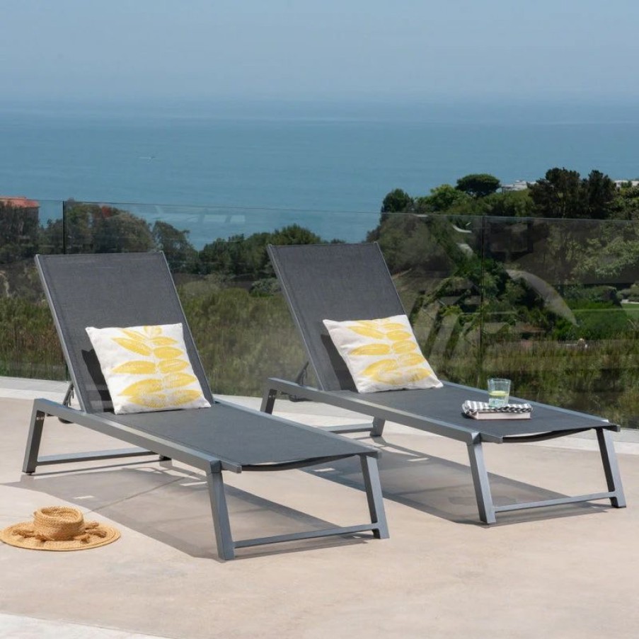 Outdoor Chairs * | Gdfstudio Gdf Studio Mesa Outdoor Chaise Lounge With Aluminum Frame, Black Mesh/Gray, Set