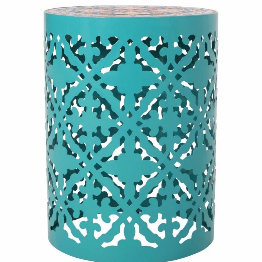 Outdoor Lounge Furniture * | Gdfstudio Misael Outdoor Lace Cut Side Table With Tile Top, Teal/Multi-Color